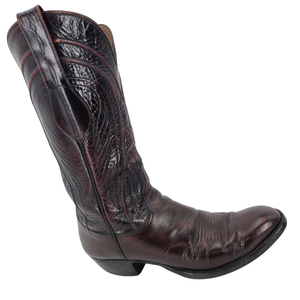 Vintage Lucchese Mens 9.5D Black Cherry Burgundy Leather Cowboy Western Boots - Picture 8 of 16